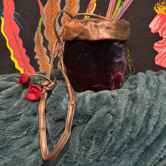 Velvet + Leather Small Drawstring Bucket Bag, Multi-Color with Velvet Flowers - Picture 1 of 15